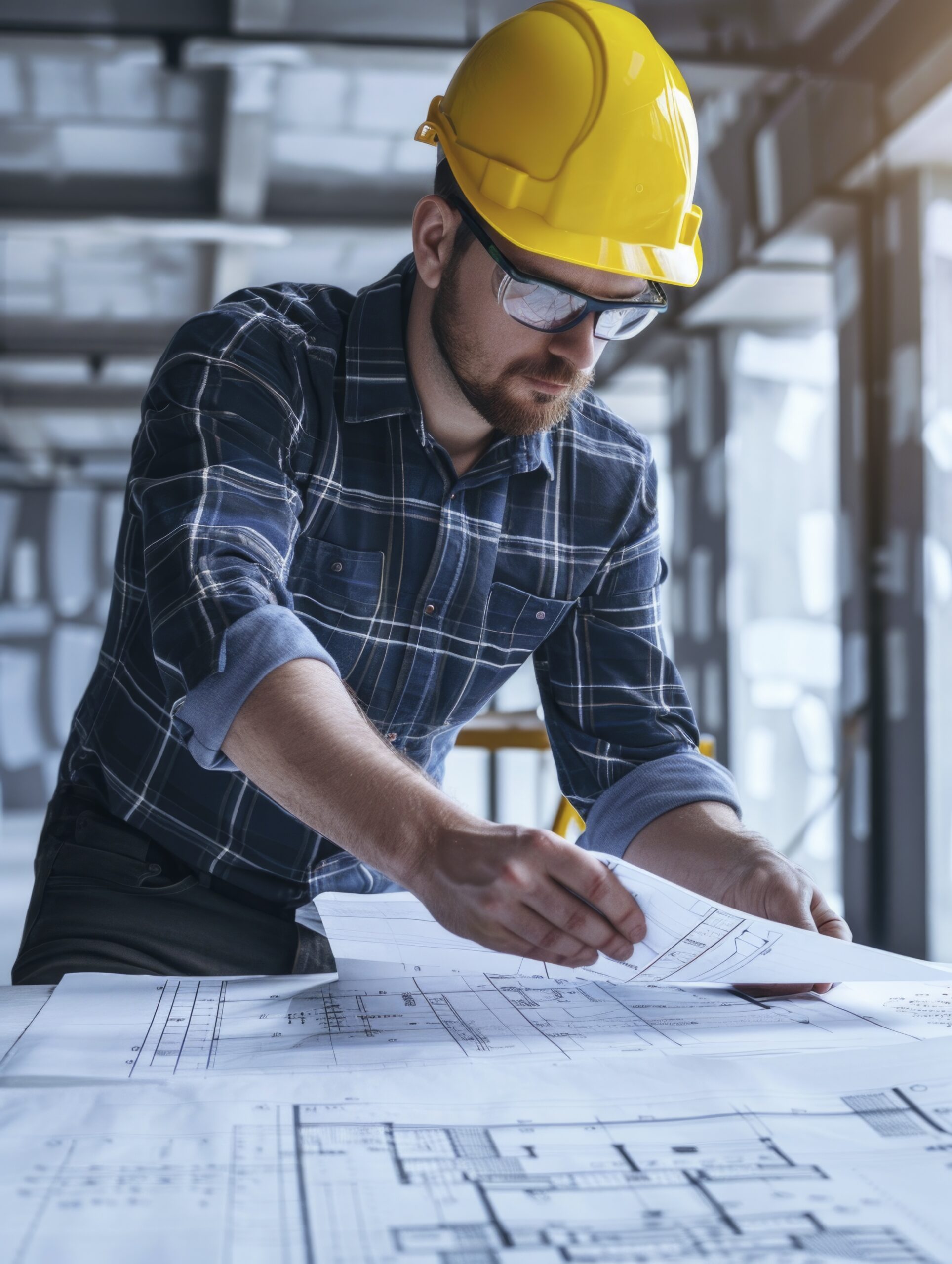 a man in a hard hat and safety glasses working on construction